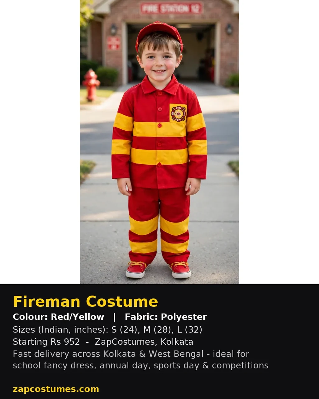 Fireman Costume for kids — Size, fabric & delivery details — Red/Yellow colour — Polyester fabric — Indian sizes S (24)–L (32) — Professions fancy dress for school annual day & sports day — Kolkata & West Bengal delivery — ZapCostumes