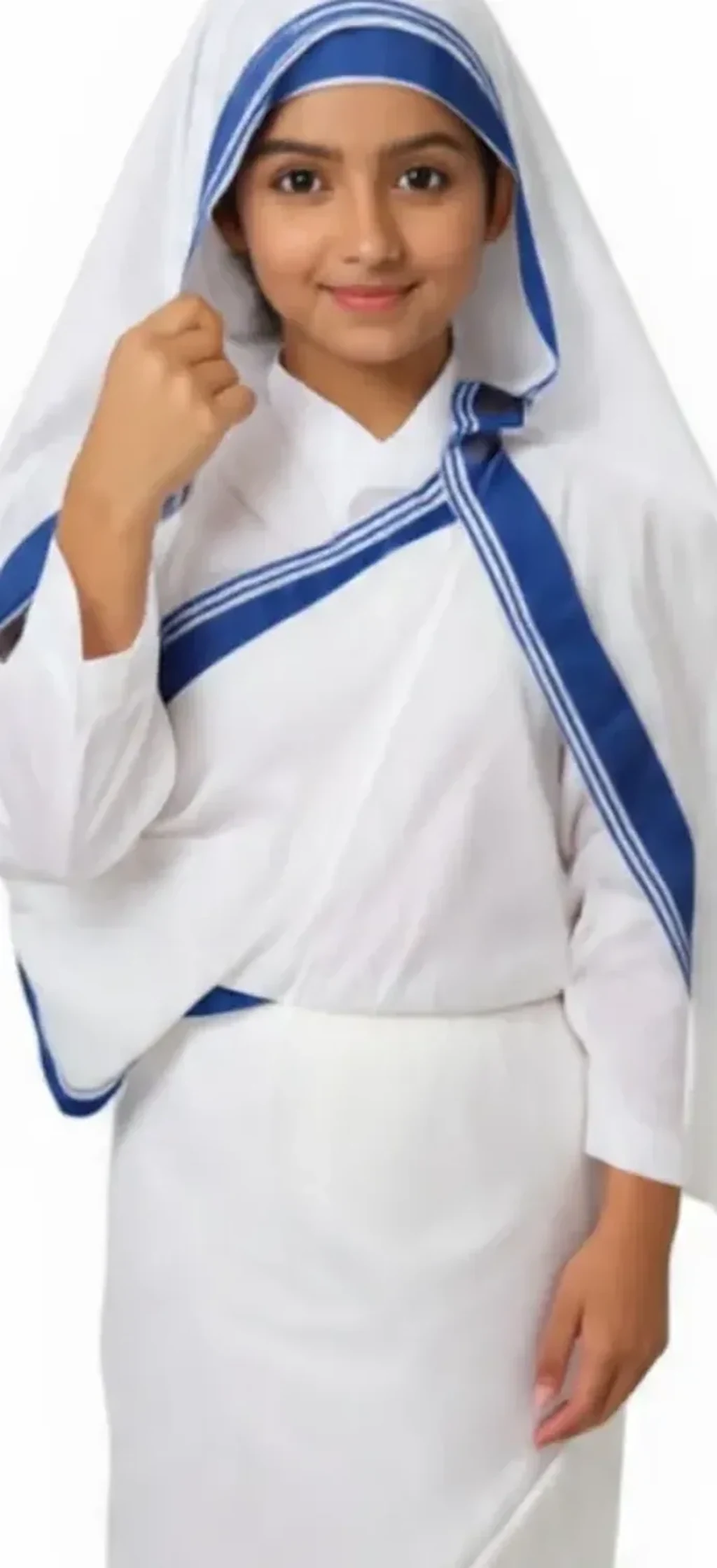 Mother Teresa Costume for kids — Zoomed-in fabric & detail view — White/Blue colour — Polyester fabric — Indian sizes S (24)–XL (36) — Freedom Fighters fancy dress for school annual day & sports day — Kolkata & West Bengal delivery — ZapCostumes