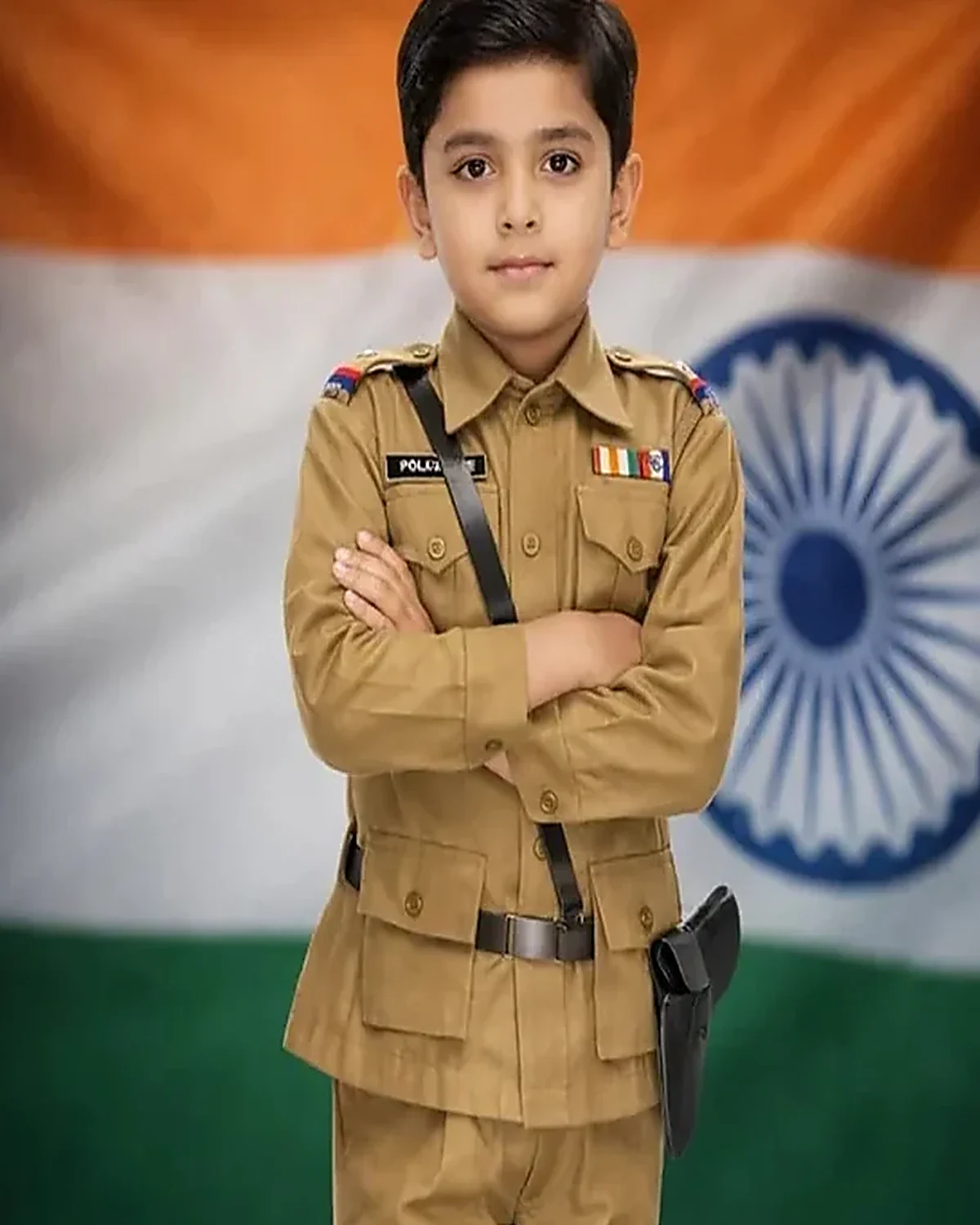 Police Officer Costume for kids — Top half close-up — Khaki colour — Polyester fabric — Indian sizes S (24)–XXL (40) — Defence Forces fancy dress for school annual day & sports day — Kolkata & West Bengal delivery — ZapCostumes