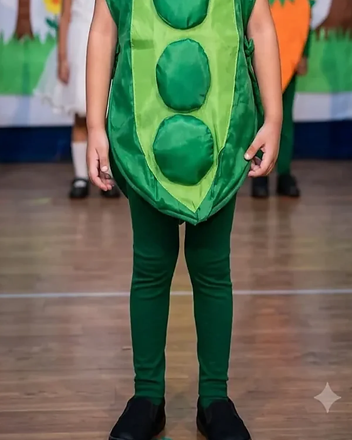 Pea Pod Costume for kids — Lower half close-up — Green colour — Polyester fabric — Indian sizes One Size — Fruits / Vegetables fancy dress for school annual day & sports day — Kolkata & West Bengal delivery — ZapCostumes