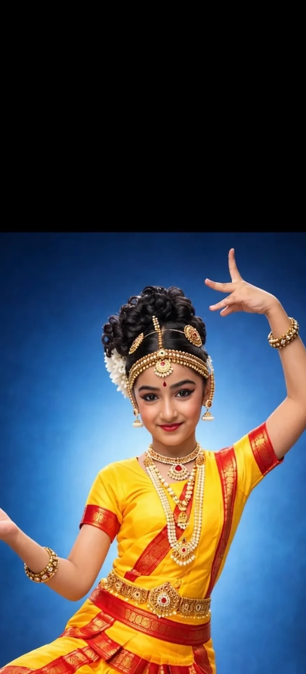 Bharat Natiyam Costume for kids — Zoomed-in fabric & detail view — Yellow/Red colour — Polyester fabric — Indian sizes S (24)–L (34) — Bharat Natiyam fancy dress for school annual day & sports day — Kolkata & West Bengal delivery — ZapCostumes