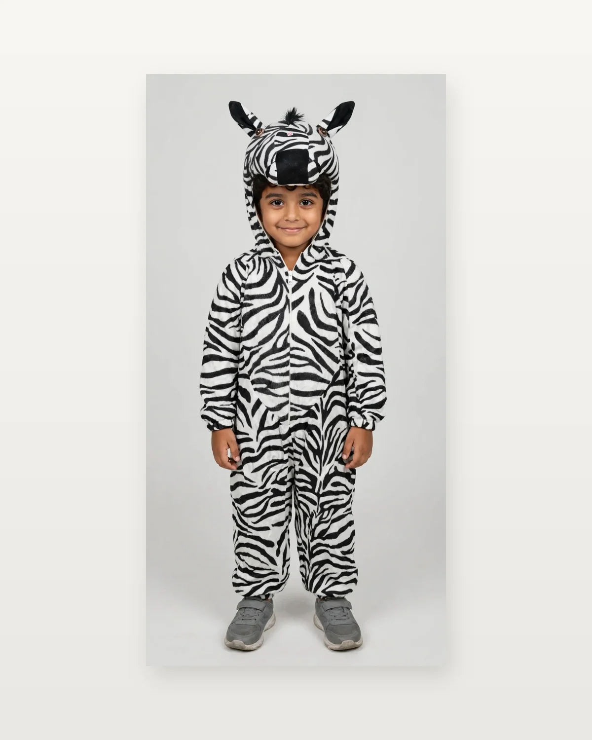Zebra Costume for kids — Studio front view — Black/White colour — Plush Polyester fabric — Indian sizes S–L — Animals fancy dress for school annual day & sports day — Kolkata & West Bengal delivery — ZapCostumes