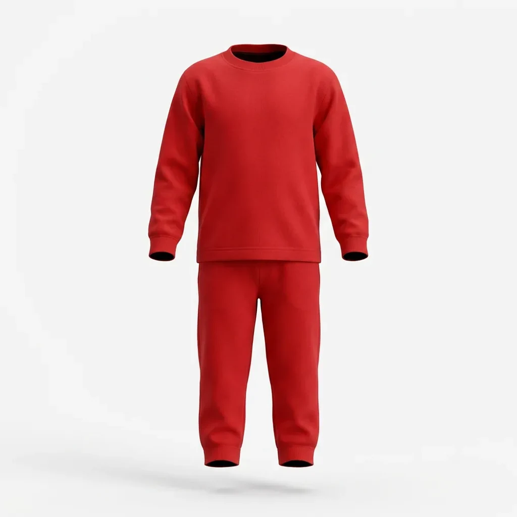 Red Tracksuit for kids — Ghost mannequin view — Red colour — Polyester Blend fabric — Indian sizes 22–34 — Tracksuits / Jersey fancy dress for school annual day & sports day — Kolkata & West Bengal delivery — ZapCostumes