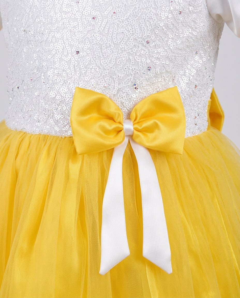 Yellow Sequin & Tulle Party Dress for kids — Fabric & stitching close-up — Yellow/Gold colour — Sequin Fabric & Tulle with Cotton Lining fabric — Indian sizes 20–30 — Dance Dress fancy dress for school annual day & sports day — Kolkata & West Bengal delivery — ZapCostumes