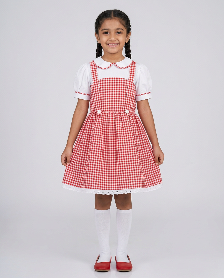 Red Gingham Pinafore Party Dress for kids — Red/White colour — Gingham Cotton Blend with Cotton Lining fabric — Indian sizes 20–30 — Dance Dress fancy dress for school annual day & sports day — Kolkata & West Bengal delivery — ZapCostumes