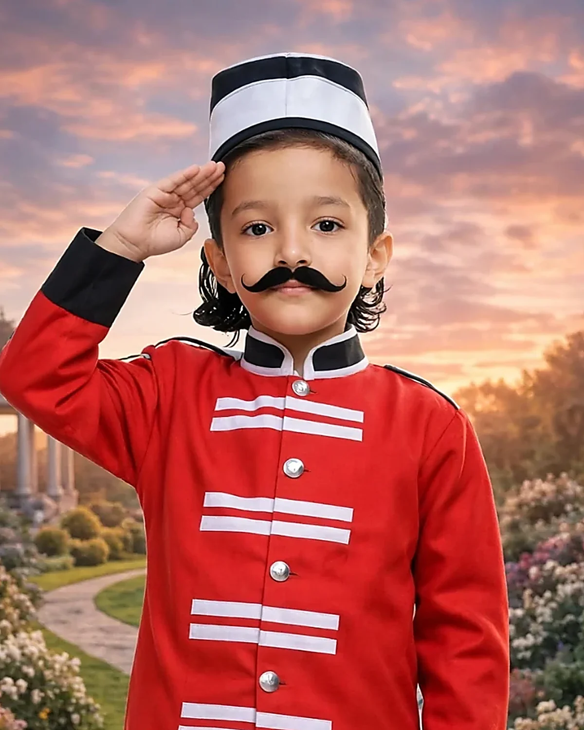 Mangal Pandey Costume for kids — Top half close-up — Red/White colour — Polyester fabric — Indian sizes S (24)–XL (36) — Freedom Fighters fancy dress for school annual day & sports day — Kolkata & West Bengal delivery — ZapCostumes