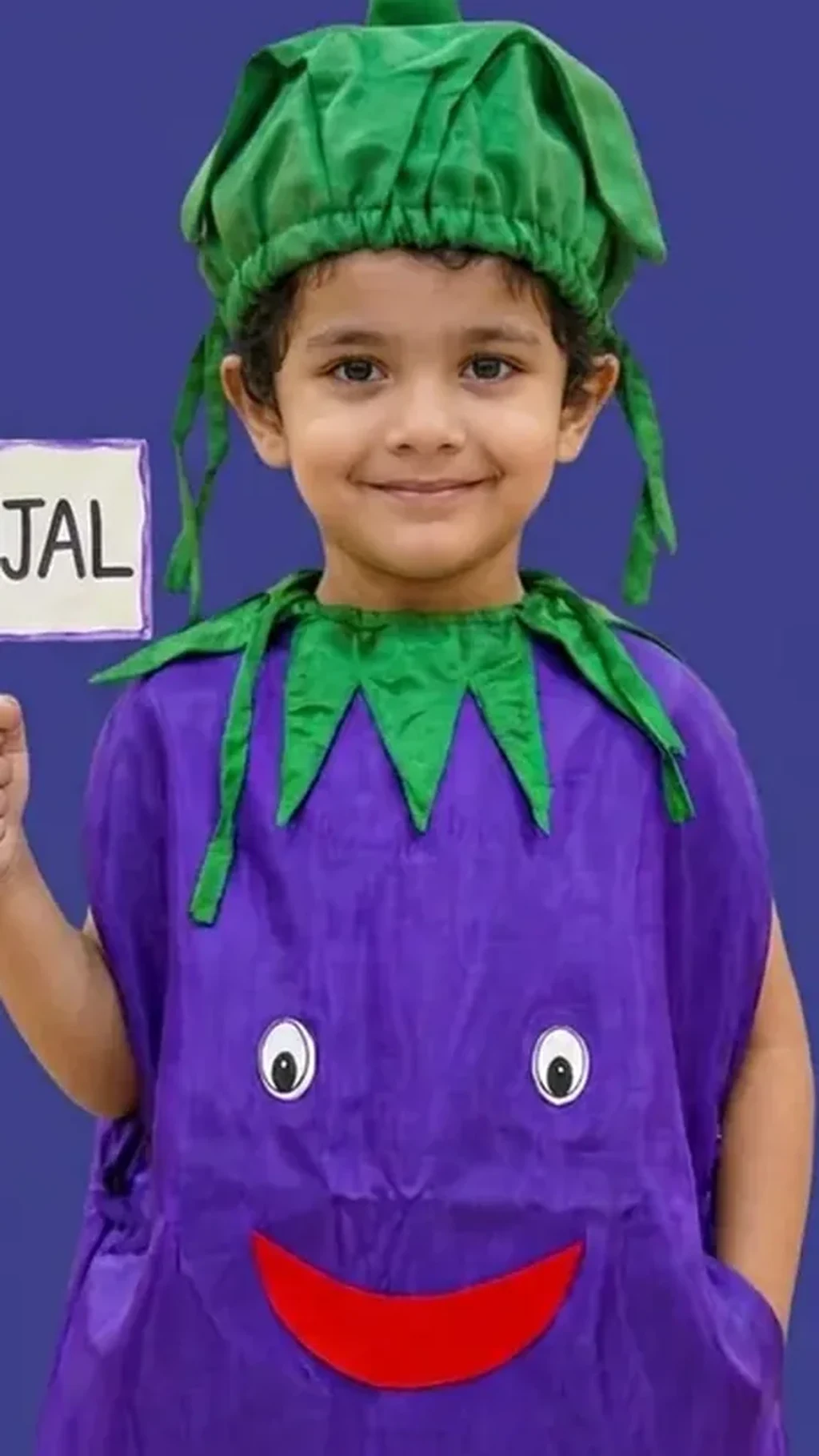 Brinjal Costume for kids — Zoomed-in fabric & detail view — Purple/Green colour — Polyester fabric — Indian sizes One Size — Fruits / Vegetables fancy dress for school annual day & sports day — Kolkata & West Bengal delivery — ZapCostumes