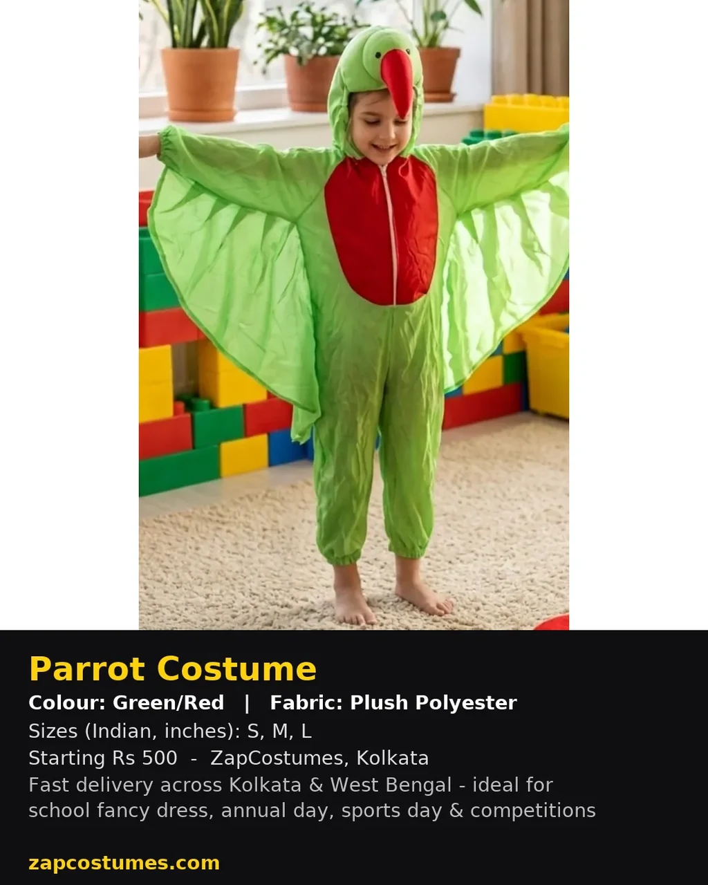 Parrot Costume for kids — Size, fabric & delivery details — Green/Red colour — Plush Polyester fabric — Indian sizes S–L — Animals fancy dress for school annual day & sports day — Kolkata & West Bengal delivery — ZapCostumes