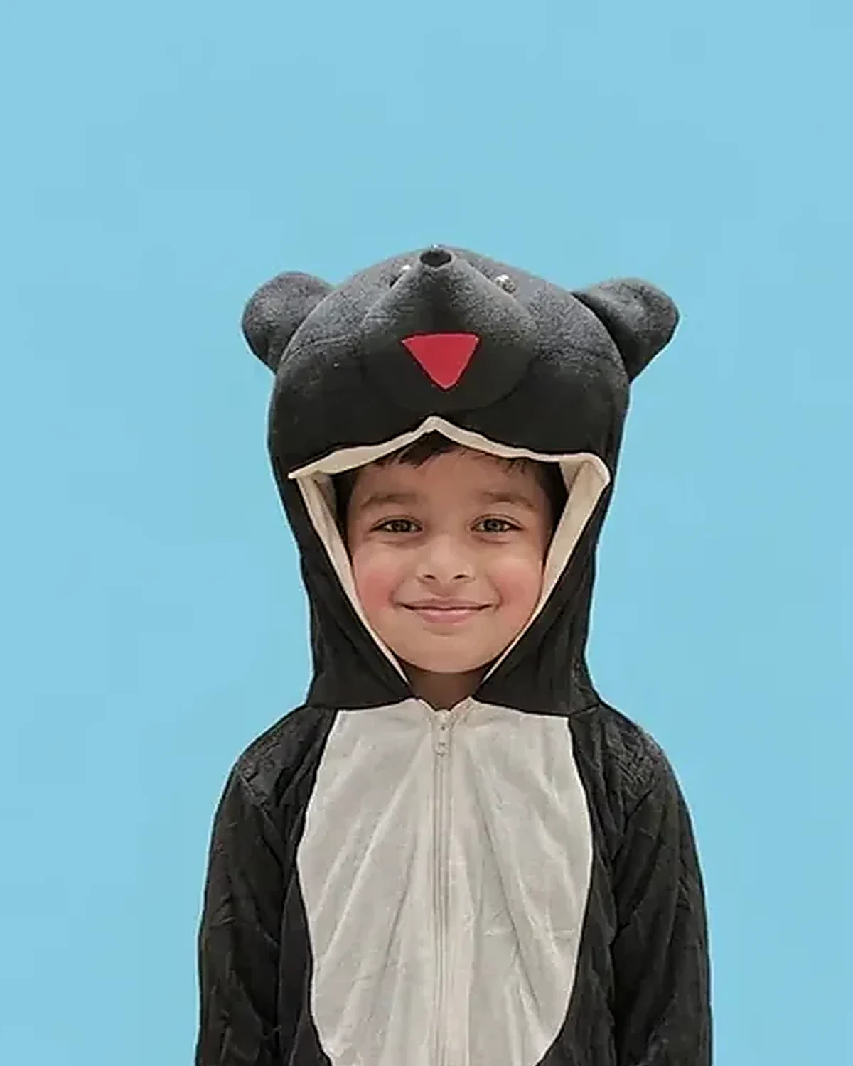 Black Bear Costume for kids — Top half close-up — Black/White colour — Plush Polyester fabric — Indian sizes S–L — Animals fancy dress for school annual day & sports day — Kolkata & West Bengal delivery — ZapCostumes