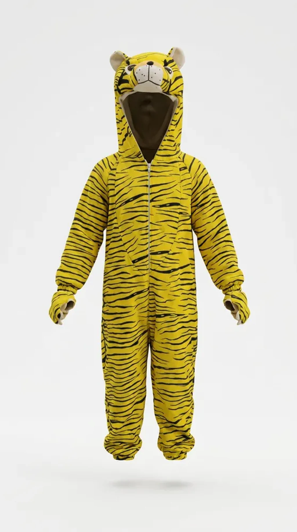 Tiger Costume for kids — Ghost mannequin view — Yellow/Black colour — Plush Polyester fabric — Indian sizes S–L — Animals fancy dress for school annual day & sports day — Kolkata & West Bengal delivery — ZapCostumes