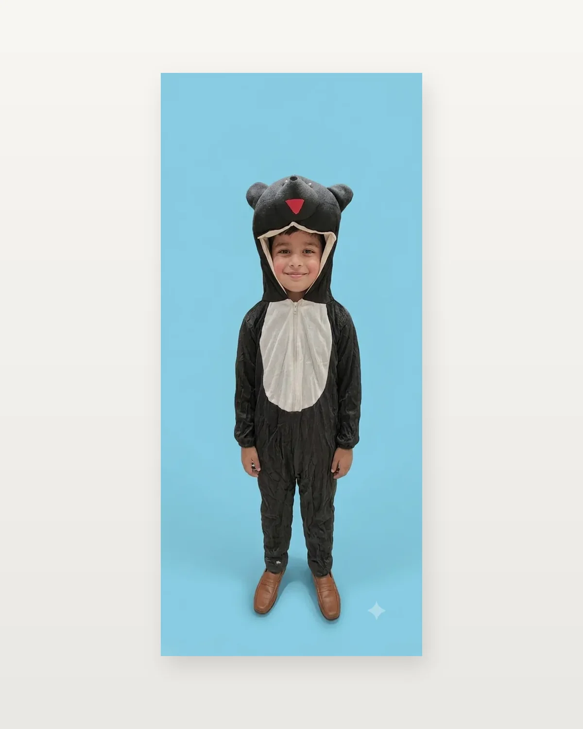 Black Bear Costume for kids — Studio front view — Black/White colour — Plush Polyester fabric — Indian sizes S–L — Animals fancy dress for school annual day & sports day — Kolkata & West Bengal delivery — ZapCostumes