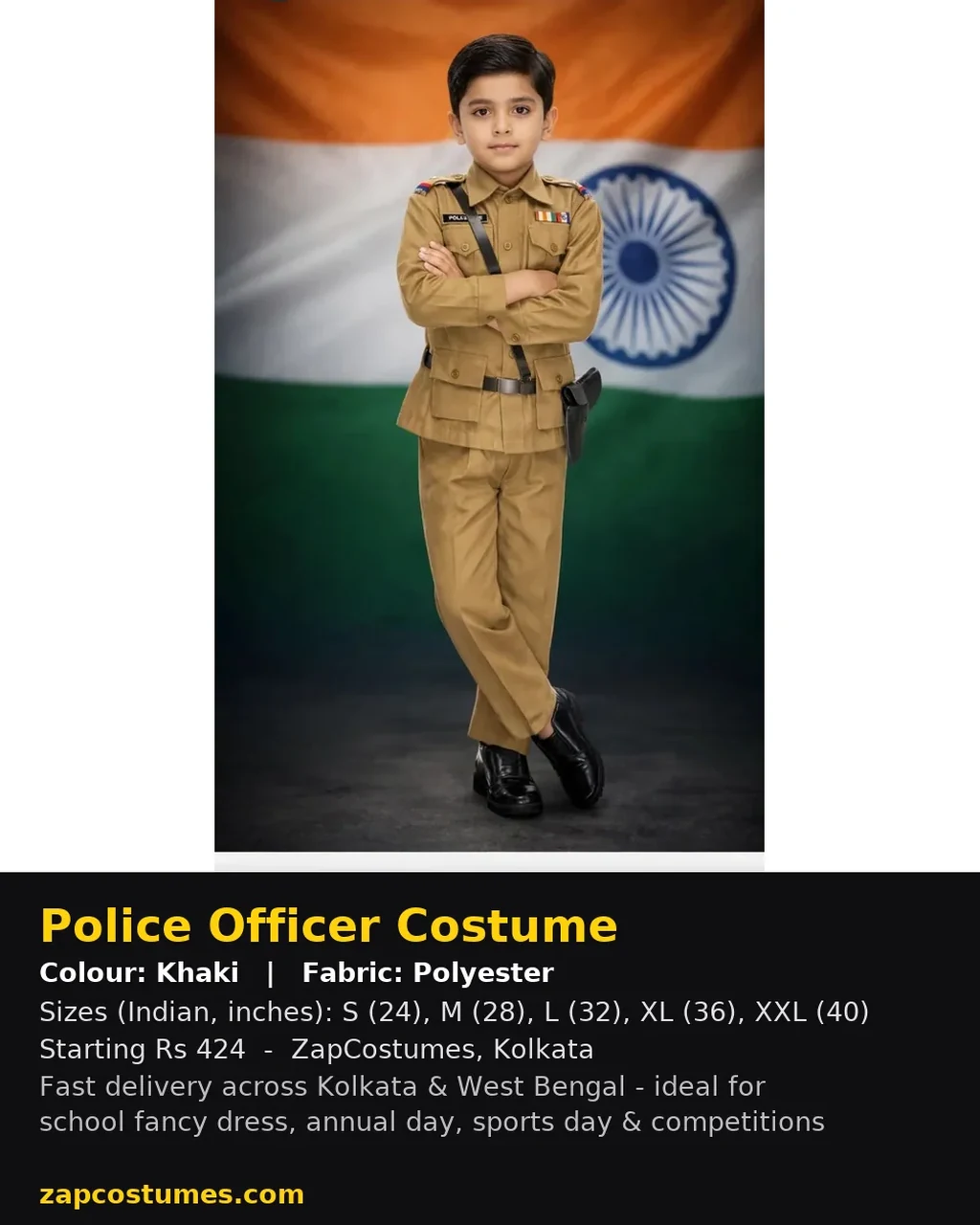 Police Officer Costume for kids — Size, fabric & delivery details — Khaki colour — Polyester fabric — Indian sizes S (24)–XXL (40) — Defence Forces fancy dress for school annual day & sports day — Kolkata & West Bengal delivery — ZapCostumes