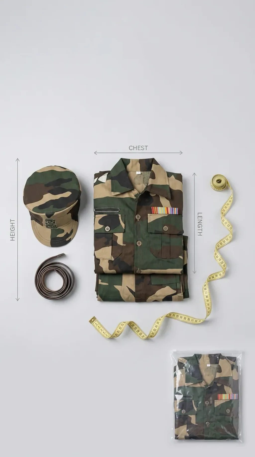 Army Soldier Costume for kids — Size guide & packaging — Camouflage Green colour — Polyester fabric — Indian sizes S (24)–XXL (40) — Defence Forces fancy dress for school annual day & sports day — Kolkata & West Bengal delivery — ZapCostumes
