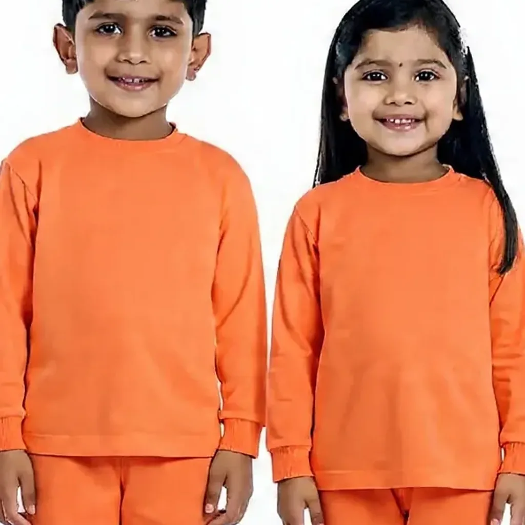 Orange Tracksuit for kids — Zoomed-in fabric & detail view — Orange colour — Polyester Blend fabric — Indian sizes 22–34 — Tracksuits / Jersey fancy dress for school annual day & sports day — Kolkata & West Bengal delivery — ZapCostumes
