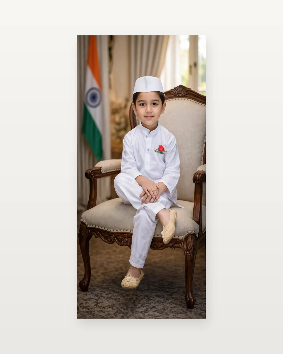 Jawaharlal Nehru Costume for kids — Studio front view — White colour — Polyester fabric — Indian sizes S (24)–XL (36) — Freedom Fighters fancy dress for school annual day & sports day — Kolkata & West Bengal delivery — ZapCostumes