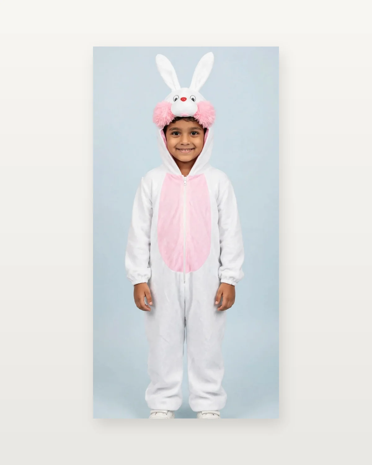 Rabbit Costume for kids — Studio front view — White/Pink colour — Plush Polyester fabric — Indian sizes S–L — Animals fancy dress for school annual day & sports day — Kolkata & West Bengal delivery — ZapCostumes