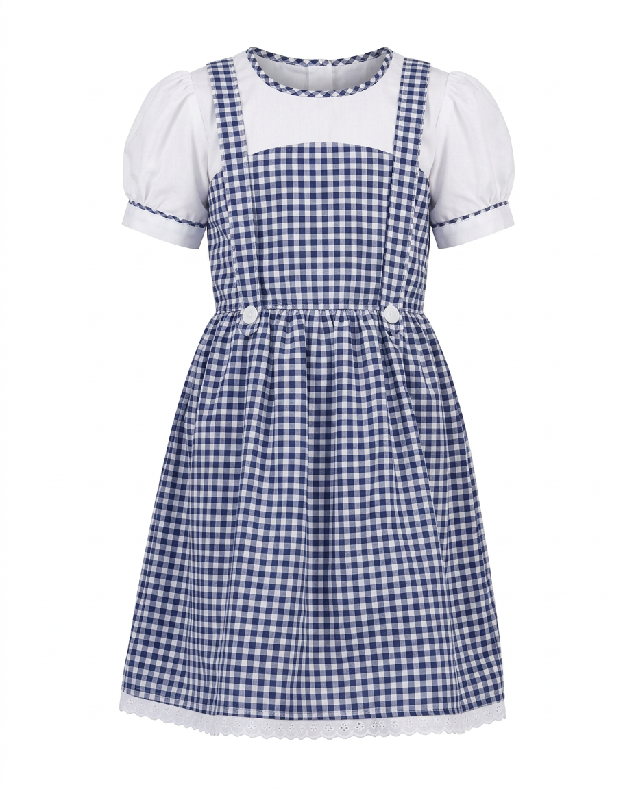 Blue Gingham Pinafore Party Dress for kids — Ghost mannequin view — Blue/White colour — Gingham Cotton Blend with Cotton Lining fabric — Indian sizes 20–30 — Dance Dress fancy dress for school annual day & sports day — Kolkata & West Bengal delivery — ZapCostumes