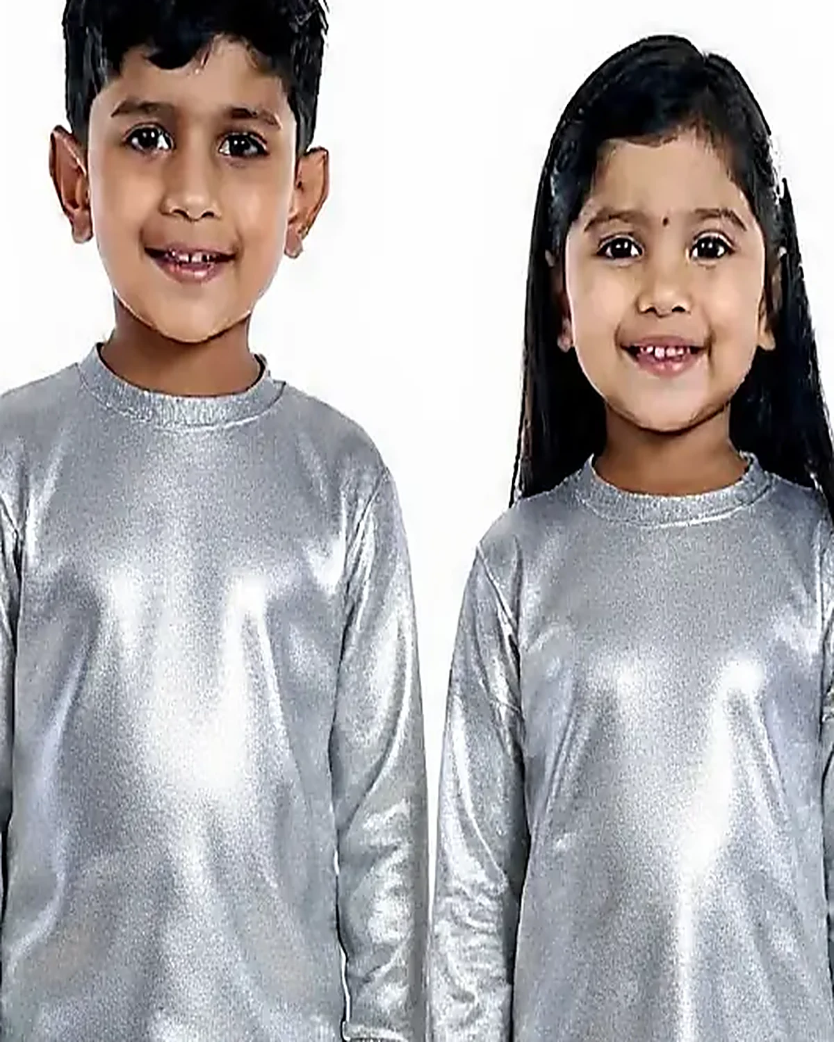 Silver Metallic Tracksuit for kids — Top half close-up — Silver colour — Polyester Blend fabric — Indian sizes 22–34 — Tracksuits / Jersey fancy dress for school annual day & sports day — Kolkata & West Bengal delivery — ZapCostumes
