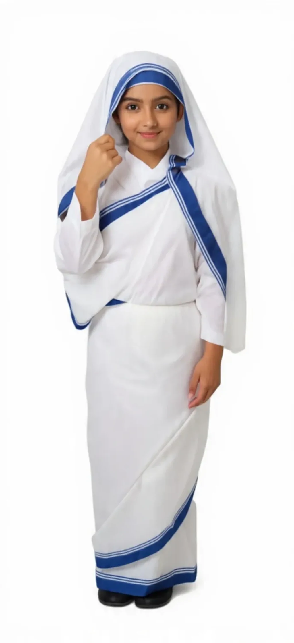 Mother Teresa Costume for kids — White/Blue colour — Polyester fabric — Indian sizes S (24)–XL (36) — Freedom Fighters fancy dress for school annual day & sports day — Kolkata & West Bengal delivery — ZapCostumes
