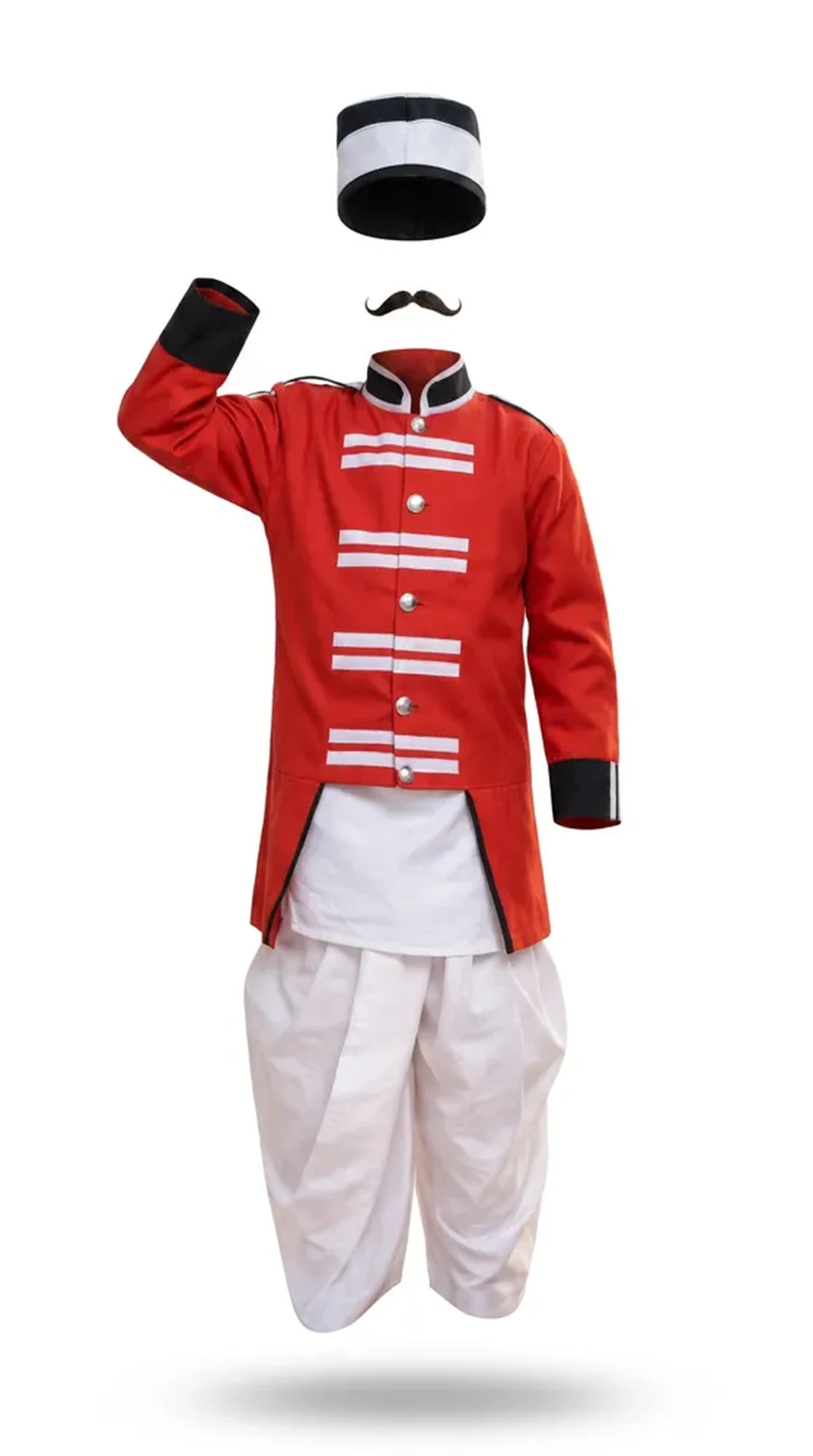 Mangal Pandey Costume for kids — Ghost mannequin view — Red/White colour — Polyester fabric — Indian sizes S (24)–XL (36) — Freedom Fighters fancy dress for school annual day & sports day — Kolkata & West Bengal delivery — ZapCostumes