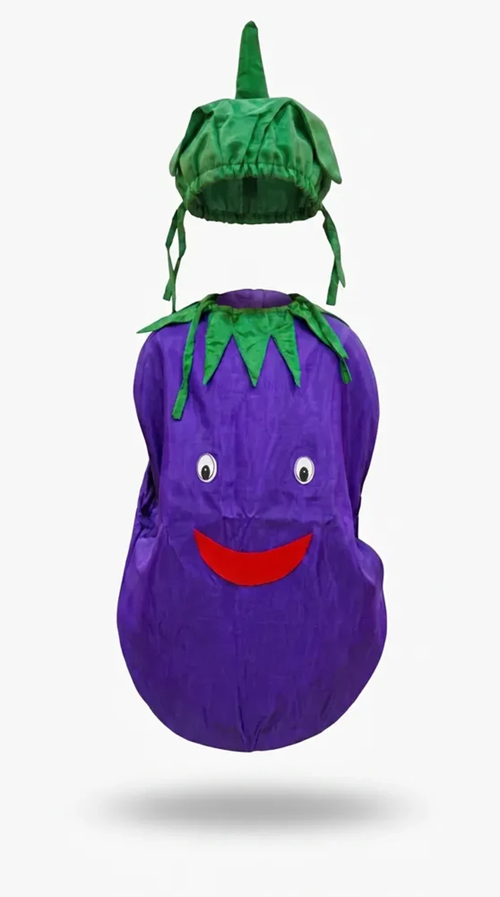 Brinjal Costume for kids — Ghost mannequin view — Purple/Green colour — Polyester fabric — Indian sizes One Size — Fruits / Vegetables fancy dress for school annual day & sports day — Kolkata & West Bengal delivery — ZapCostumes