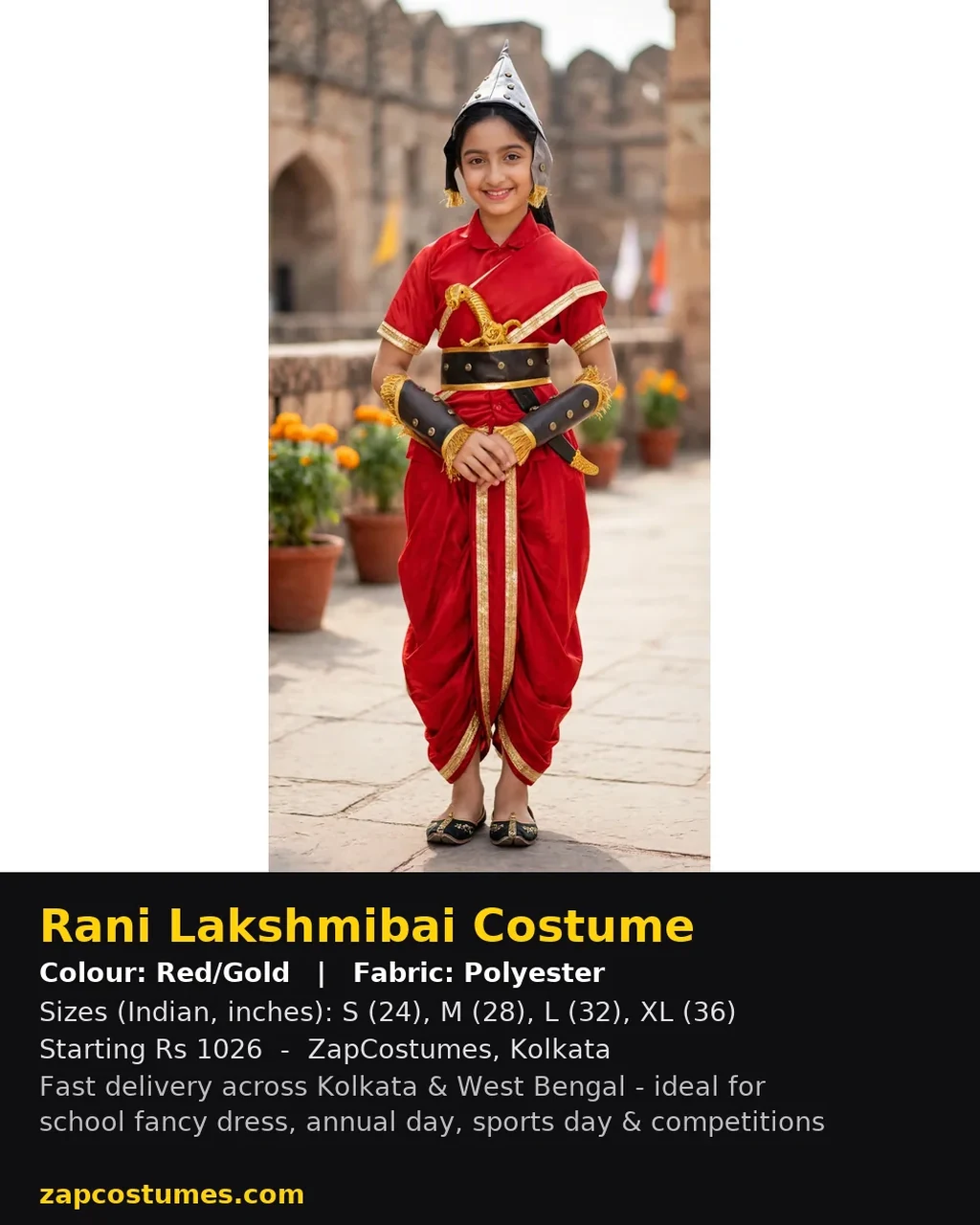 Rani Lakshmibai Costume for kids — Size, fabric & delivery details — Red/Gold colour — Polyester fabric — Indian sizes S (24)–XL (36) — Freedom Fighters fancy dress for school annual day & sports day — Kolkata & West Bengal delivery — ZapCostumes