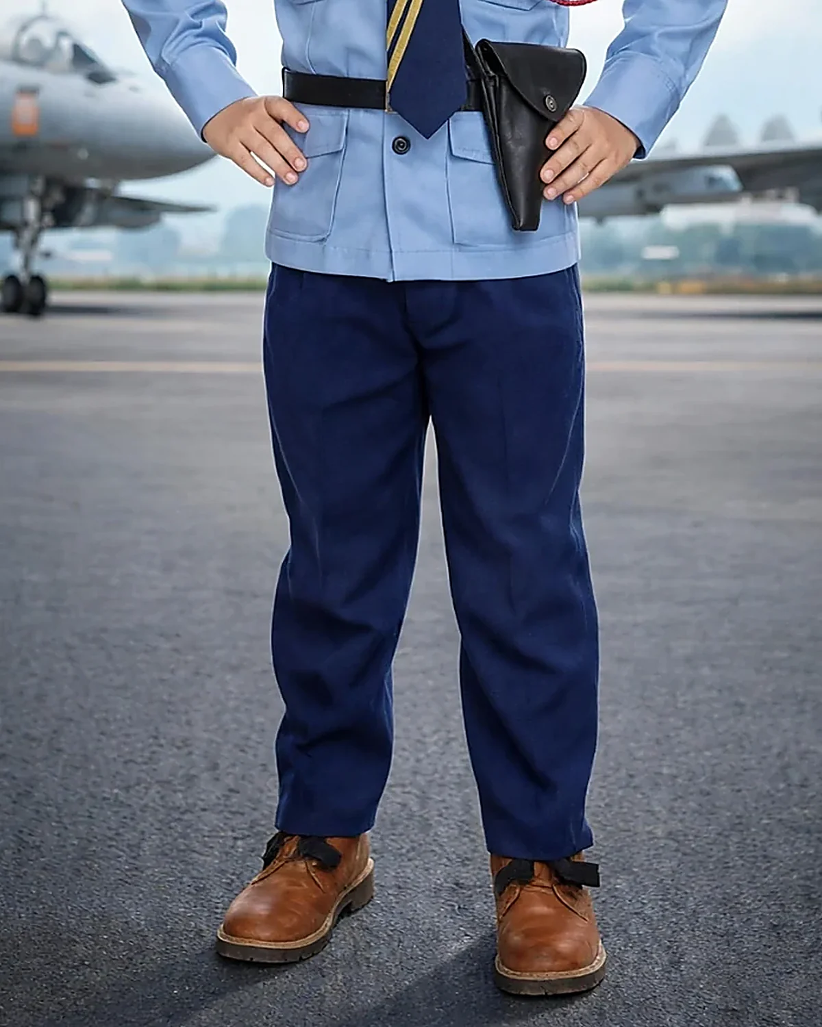 Air Force Officer Costume for kids — Lower half close-up — Sky Blue colour — Polyester fabric — Indian sizes S (24)–L (32) — Defence Forces fancy dress for school annual day & sports day — Kolkata & West Bengal delivery — ZapCostumes