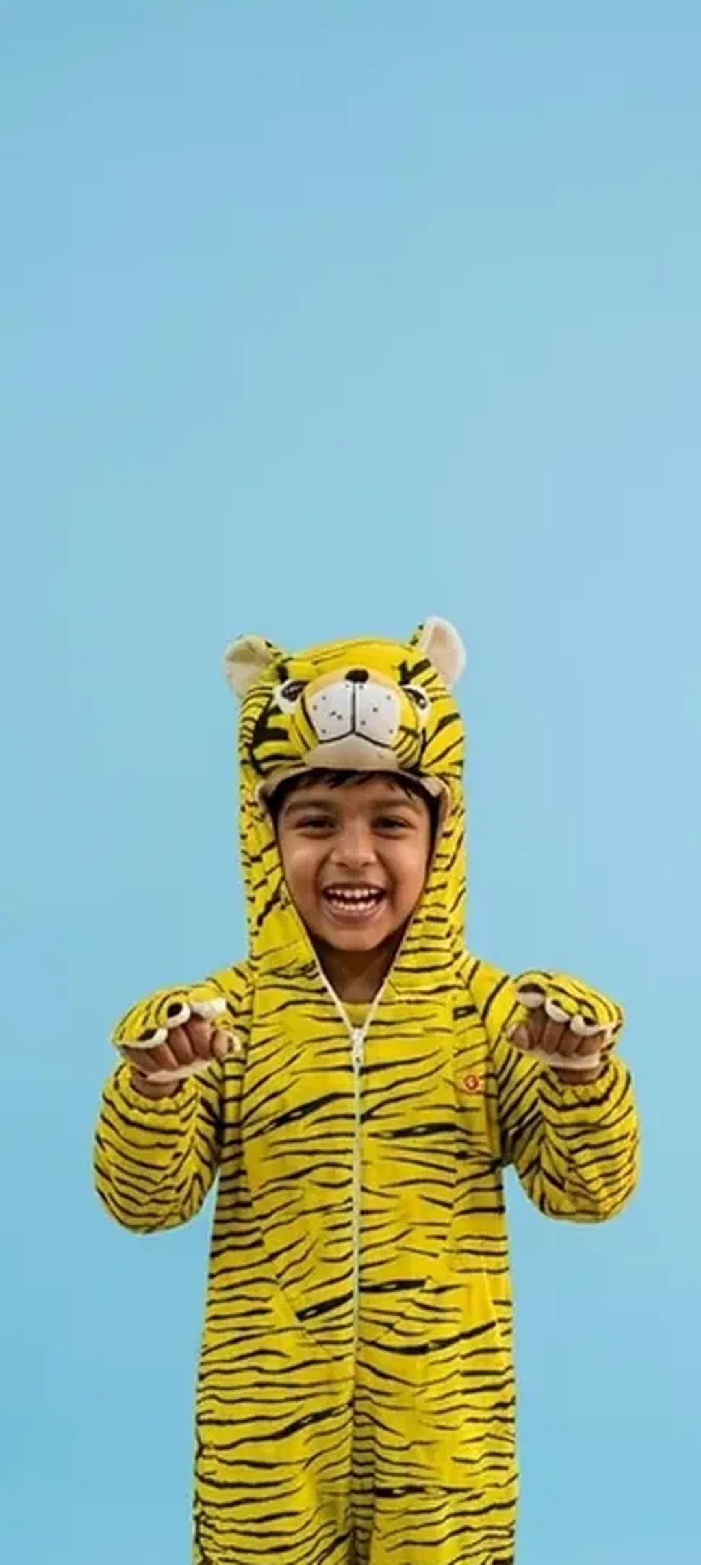 Tiger Costume for kids — Zoomed-in fabric & detail view — Yellow/Black colour — Plush Polyester fabric — Indian sizes S–L — Animals fancy dress for school annual day & sports day — Kolkata & West Bengal delivery — ZapCostumes