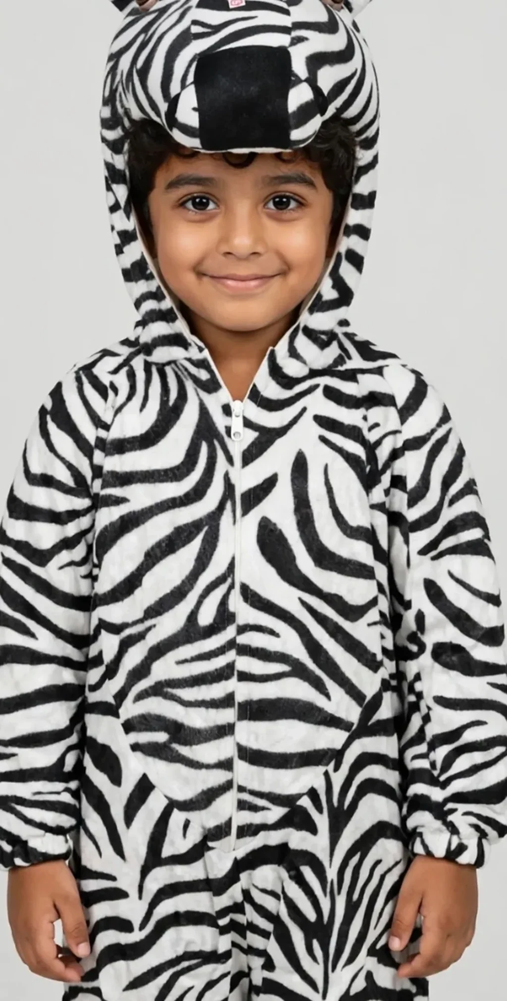 Zebra Costume for kids — Zoomed-in fabric & detail view — Black/White colour — Plush Polyester fabric — Indian sizes S–L — Animals fancy dress for school annual day & sports day — Kolkata & West Bengal delivery — ZapCostumes