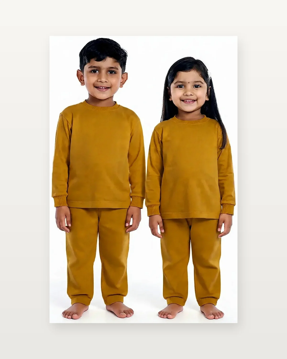Mustard Tracksuit for kids — Studio front view — Mustard colour — Polyester Blend fabric — Indian sizes 22–34 — Tracksuits / Jersey fancy dress for school annual day & sports day — Kolkata & West Bengal delivery — ZapCostumes