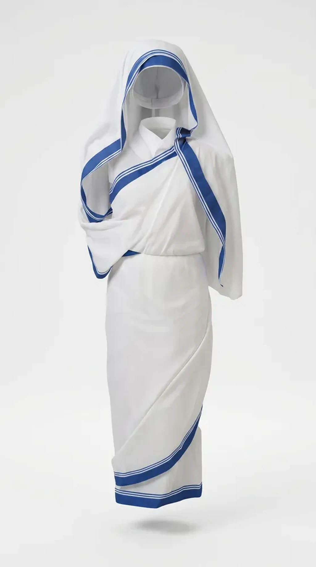 Mother Teresa Costume for kids — Ghost mannequin view — White/Blue colour — Polyester fabric — Indian sizes S (24)–XL (36) — Freedom Fighters fancy dress for school annual day & sports day — Kolkata & West Bengal delivery — ZapCostumes