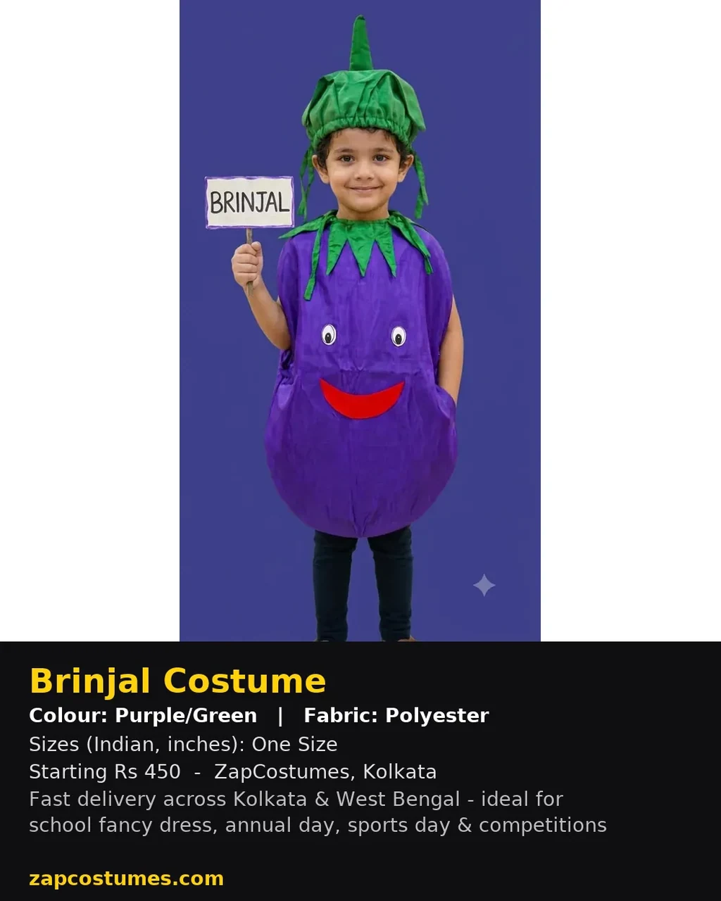 Brinjal Costume for kids — Size, fabric & delivery details — Purple/Green colour — Polyester fabric — Indian sizes One Size — Fruits / Vegetables fancy dress for school annual day & sports day — Kolkata & West Bengal delivery — ZapCostumes