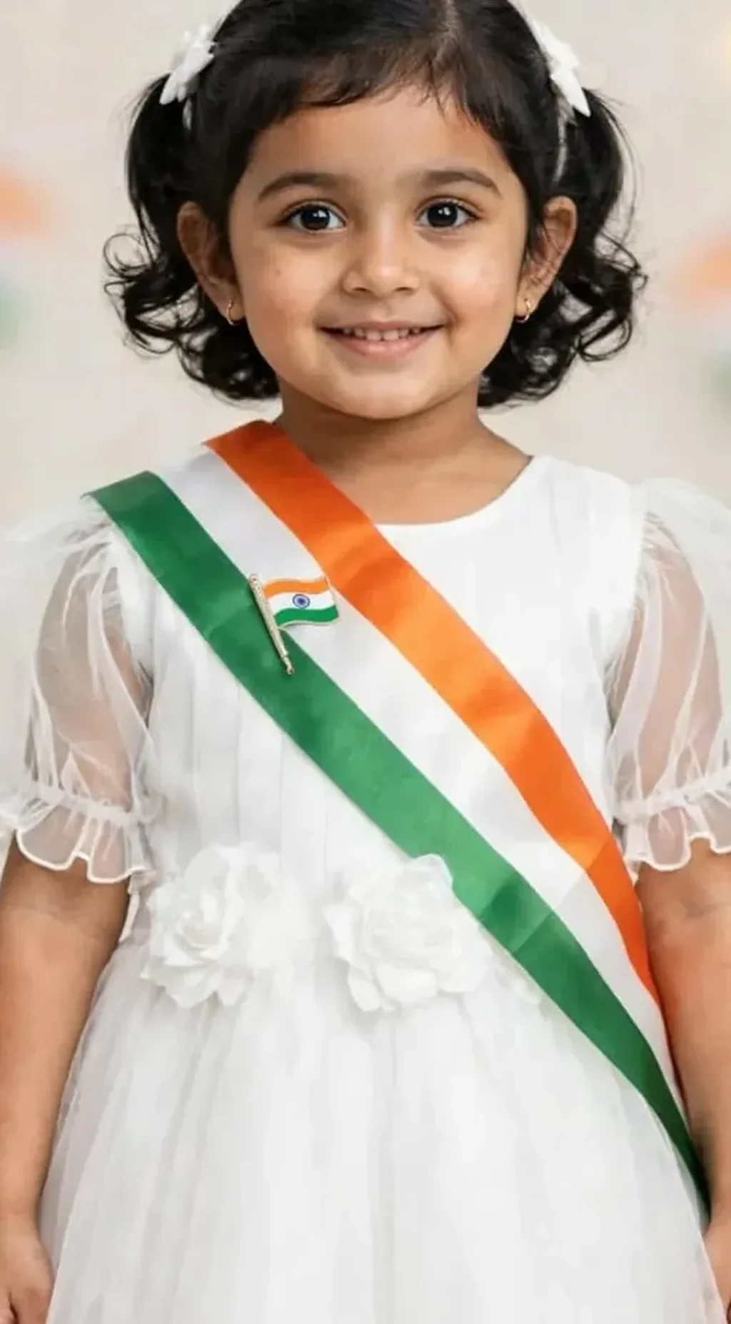 Tiranga Frock for kids — Zoomed-in fabric & detail view — White/Tricolour colour — Net fabric — Indian sizes 22–30 — White Kurta Pyjama fancy dress for school annual day & sports day — Kolkata & West Bengal delivery — ZapCostumes