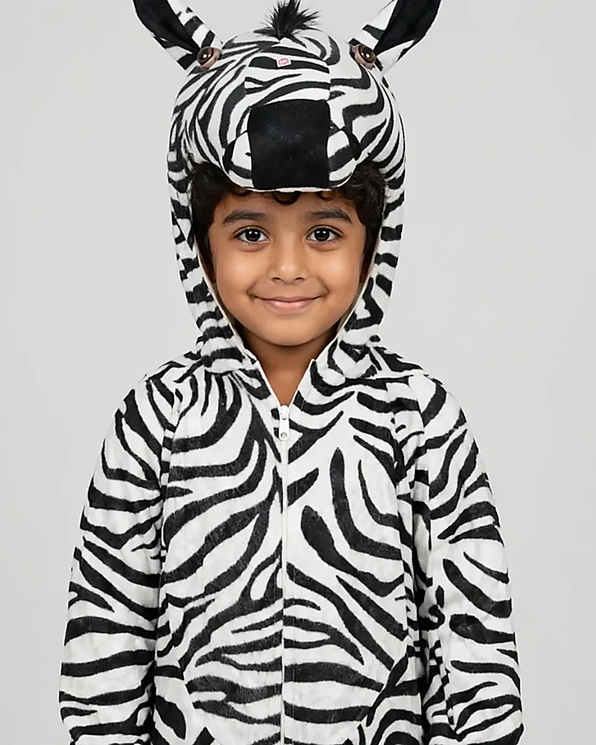 Zebra Costume for kids — Top half close-up — Black/White colour — Plush Polyester fabric — Indian sizes S–L — Animals fancy dress for school annual day & sports day — Kolkata & West Bengal delivery — ZapCostumes