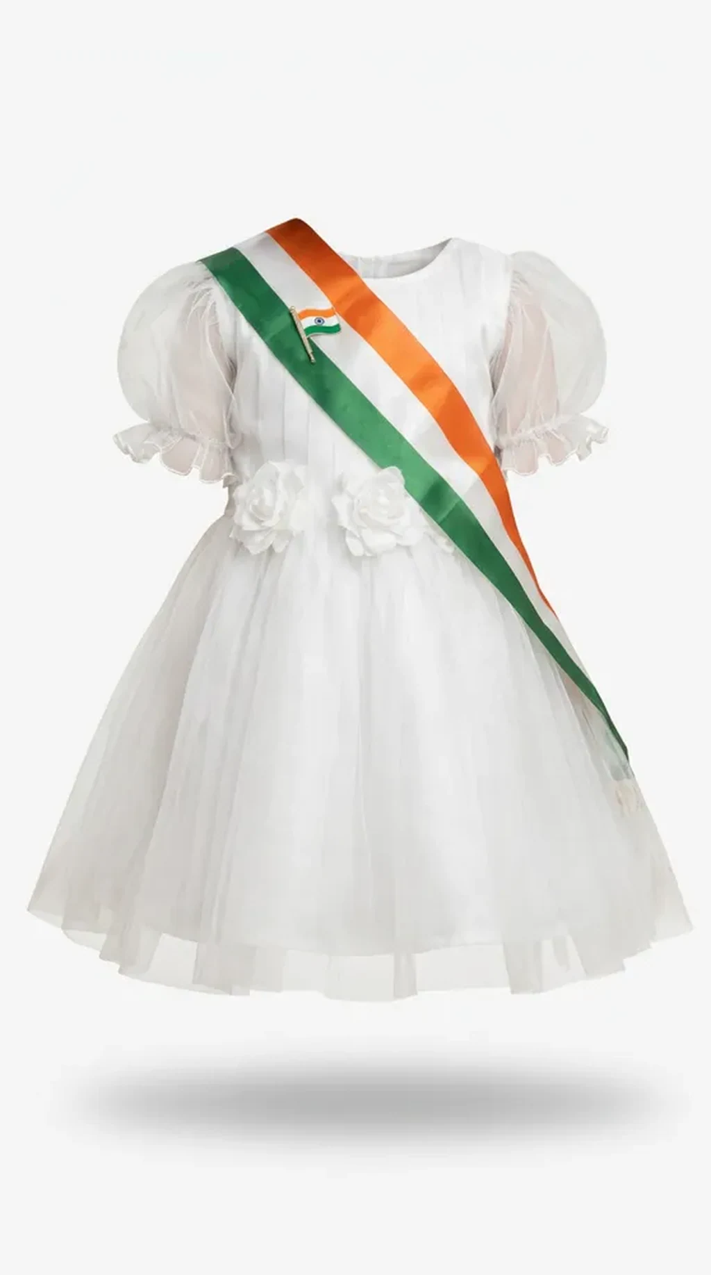 Tiranga Frock for kids — Ghost mannequin view — White/Tricolour colour — Net fabric — Indian sizes 22–30 — White Kurta Pyjama fancy dress for school annual day & sports day — Kolkata & West Bengal delivery — ZapCostumes