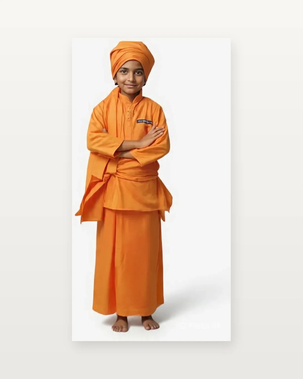 Swami Vivekananda Costume for kids — Studio front view — Saffron colour — Polyester fabric — Indian sizes S (24)–XL (36) — Freedom Fighters fancy dress for school annual day & sports day — Kolkata & West Bengal delivery — ZapCostumes