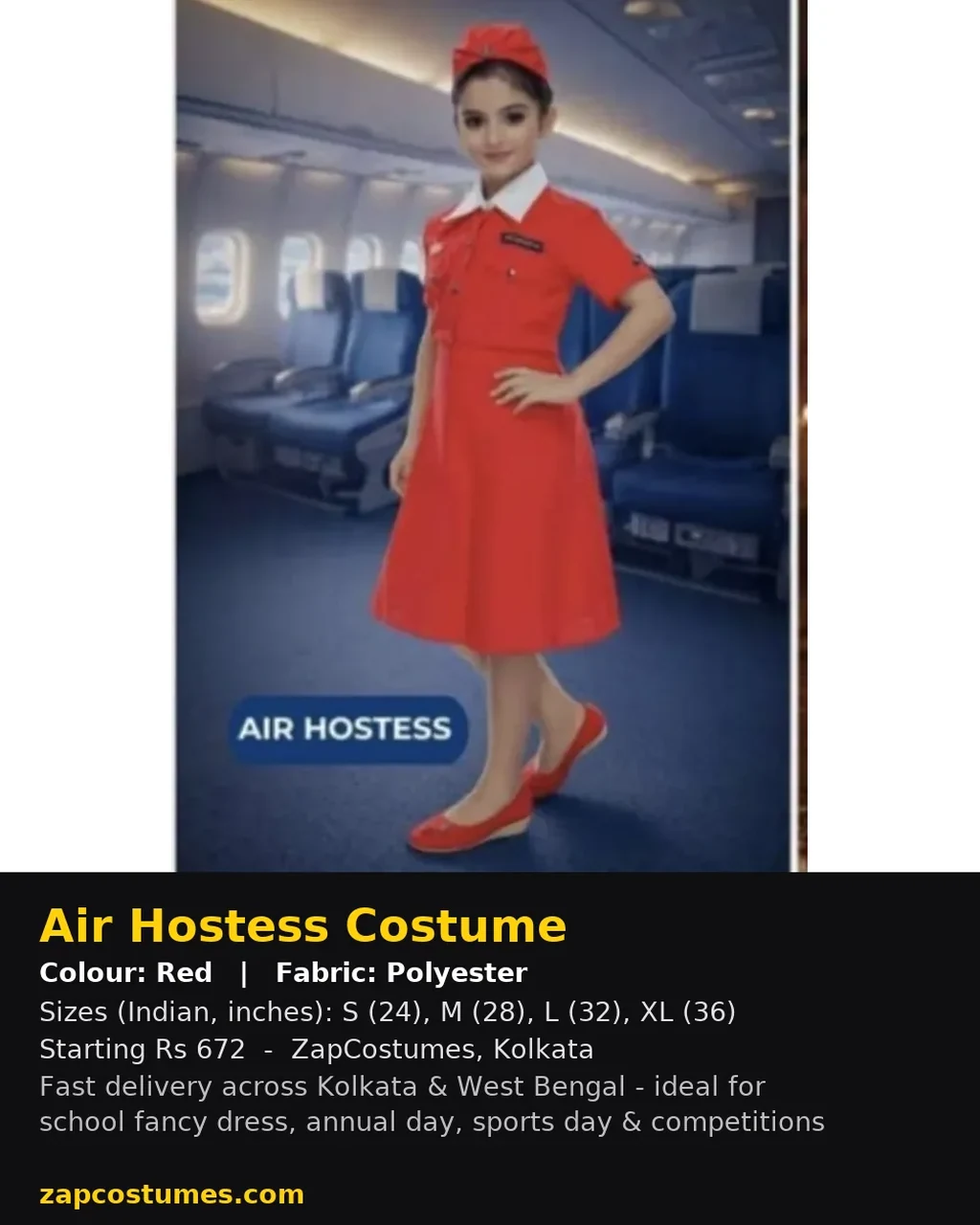 Air Hostess Costume for kids — Size, fabric & delivery details — Red colour — Polyester fabric — Indian sizes S (24)–XL (36) — Professions fancy dress for school annual day & sports day — Kolkata & West Bengal delivery — ZapCostumes