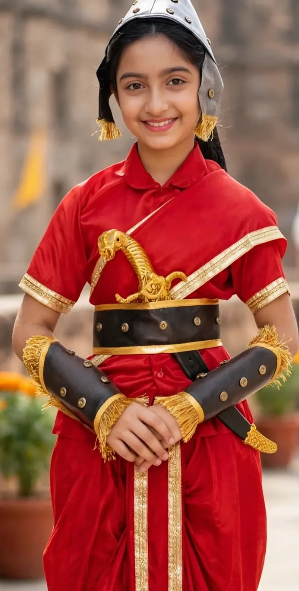 Rani Lakshmibai Costume for kids — Zoomed-in fabric & detail view — Red/Gold colour — Polyester fabric — Indian sizes S (24)–XL (36) — Freedom Fighters fancy dress for school annual day & sports day — Kolkata & West Bengal delivery — ZapCostumes