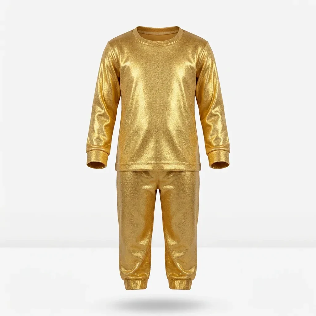 Gold Metallic Tracksuit for kids — Ghost mannequin view — Gold colour — Polyester Blend fabric — Indian sizes 22–34 — Tracksuits / Jersey fancy dress for school annual day & sports day — Kolkata & West Bengal delivery — ZapCostumes