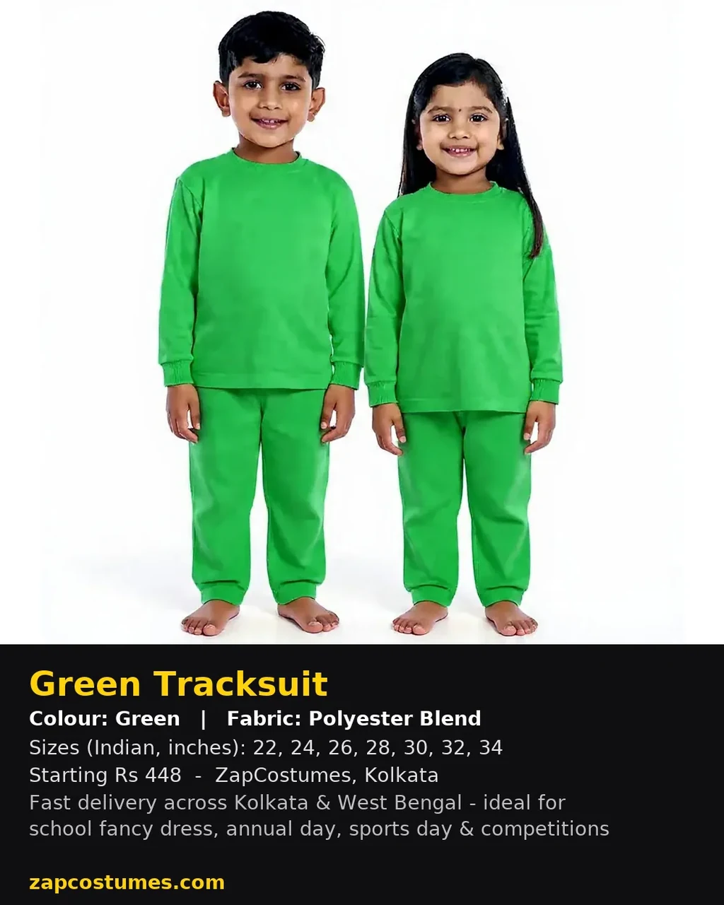 Green Tracksuit for kids — Size, fabric & delivery details — Green colour — Polyester Blend fabric — Indian sizes 22–34 — Tracksuits / Jersey fancy dress for school annual day & sports day — Kolkata & West Bengal delivery — ZapCostumes