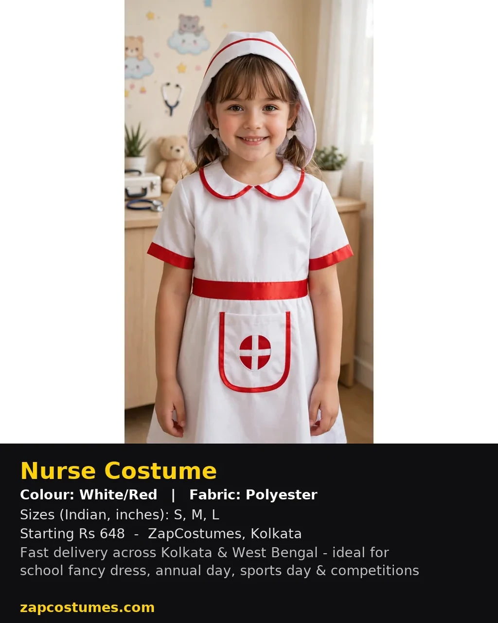 Nurse Costume for kids — Size, fabric & delivery details — White/Red colour — Polyester fabric — Indian sizes S–L — Nurse / Doctor fancy dress for school annual day & sports day — Kolkata & West Bengal delivery — ZapCostumes