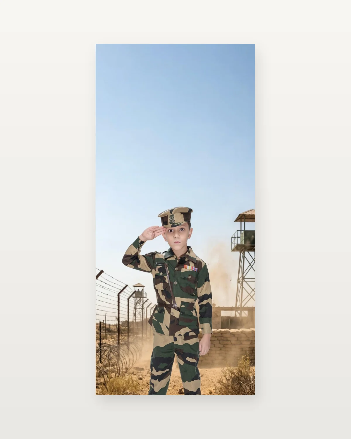 Army Soldier Costume for kids — Studio front view — Camouflage Green colour — Polyester fabric — Indian sizes S (24)–XXL (40) — Defence Forces fancy dress for school annual day & sports day — Kolkata & West Bengal delivery — ZapCostumes