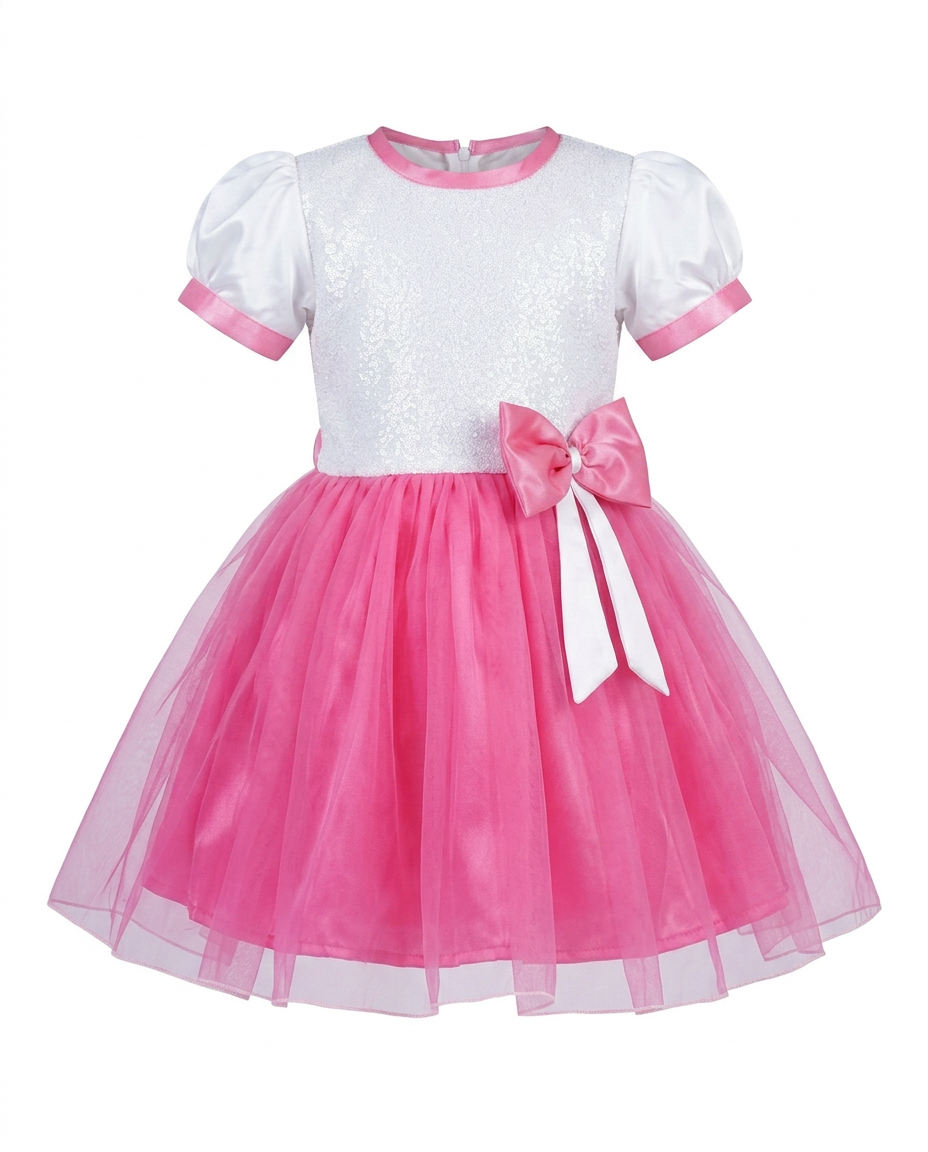 Pink Sequin & Tulle Party Dress for kids — Ghost mannequin view — Pink/Silver colour — Sequin Fabric & Tulle with Cotton Lining fabric — Indian sizes 20–30 — Dance Dress fancy dress for school annual day & sports day — Kolkata & West Bengal delivery — ZapCostumes