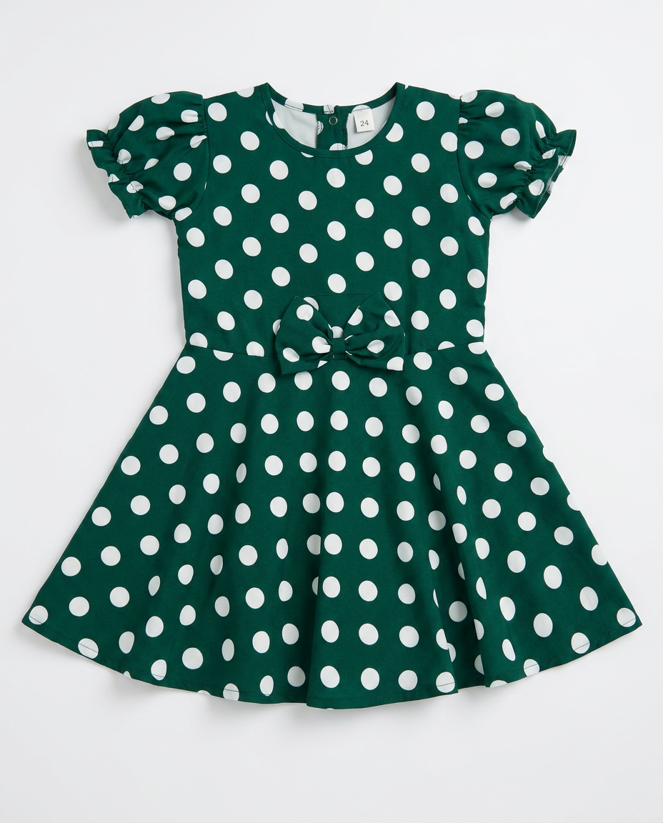 Green Polka Dot Party Dress for kids — Fabric & stitching close-up — Bottle Green/White colour — Cotton Blend with Cotton Lining fabric — Indian sizes 20–30 — Dance Dress fancy dress for school annual day & sports day — Kolkata & West Bengal delivery — ZapCostumes