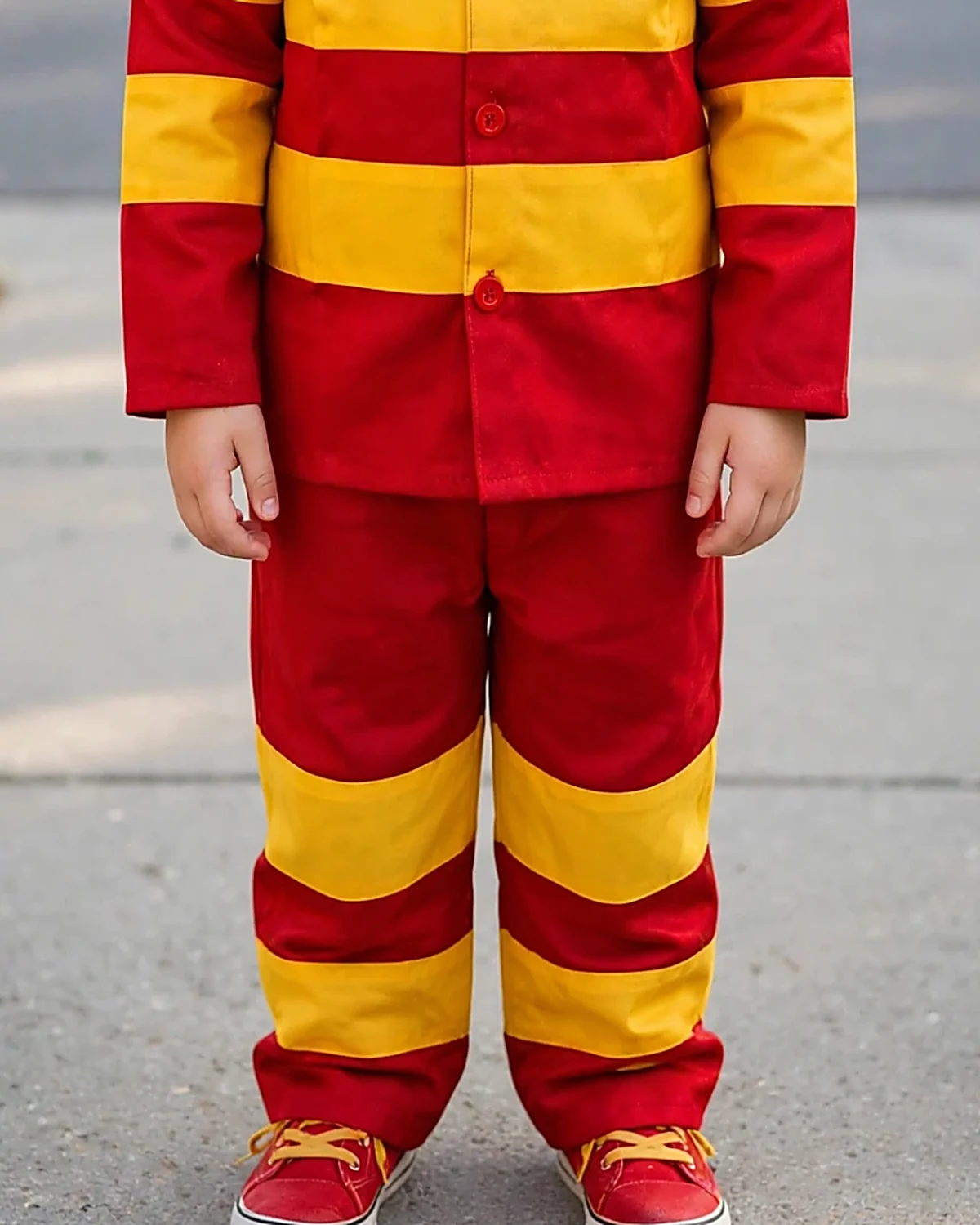 Fireman Costume for kids — Lower half close-up — Red/Yellow colour — Polyester fabric — Indian sizes S (24)–L (32) — Professions fancy dress for school annual day & sports day — Kolkata & West Bengal delivery — ZapCostumes