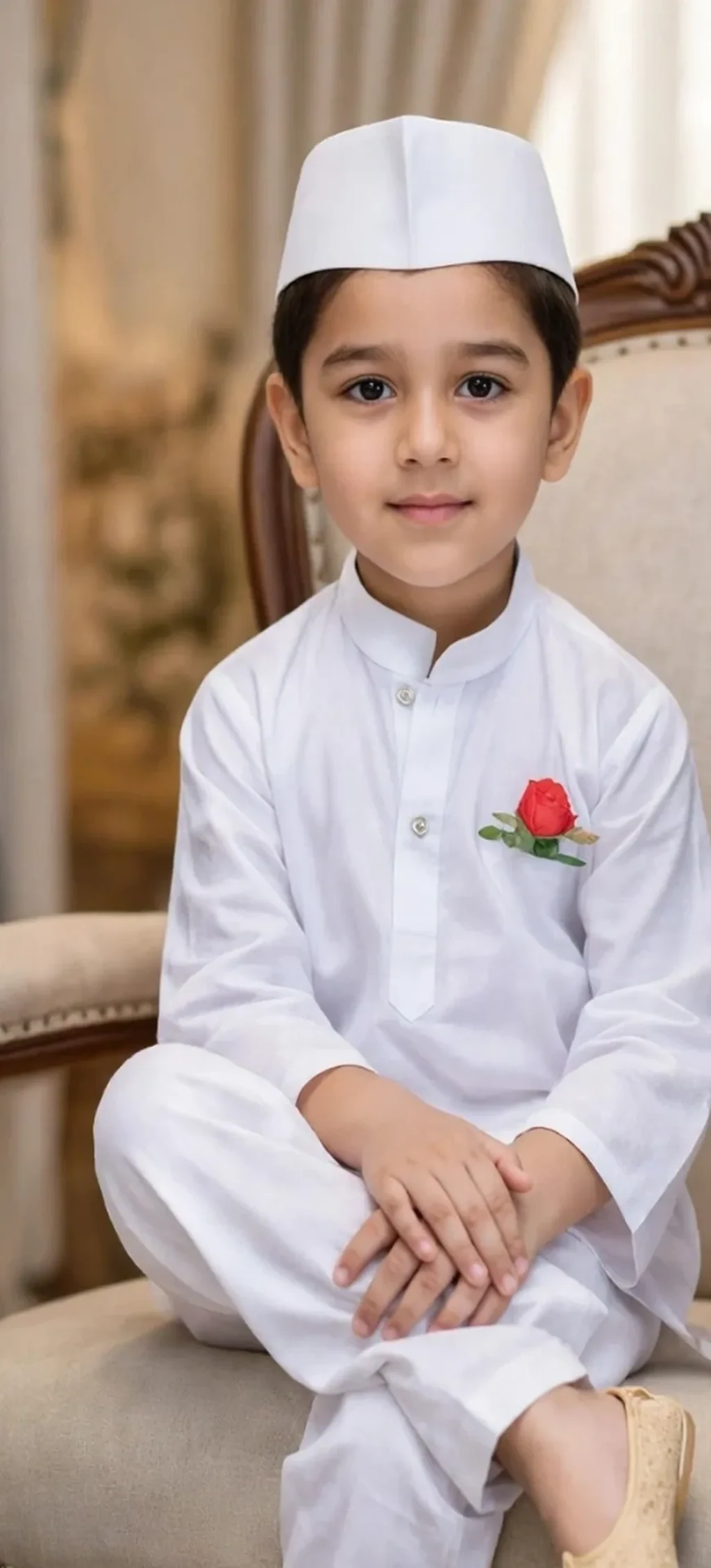 Jawaharlal Nehru Costume for kids — Zoomed-in fabric & detail view — White colour — Polyester fabric — Indian sizes S (24)–XL (36) — Freedom Fighters fancy dress for school annual day & sports day — Kolkata & West Bengal delivery — ZapCostumes