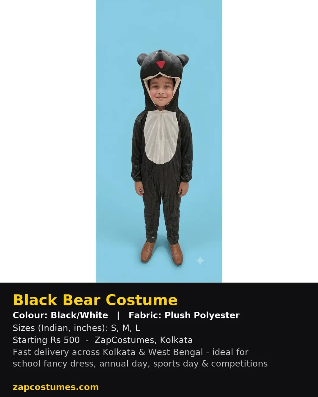 Black Bear Costume for kids — Size, fabric & delivery details — Black/White colour — Plush Polyester fabric — Indian sizes S–L — Animals fancy dress for school annual day & sports day — Kolkata & West Bengal delivery — ZapCostumes