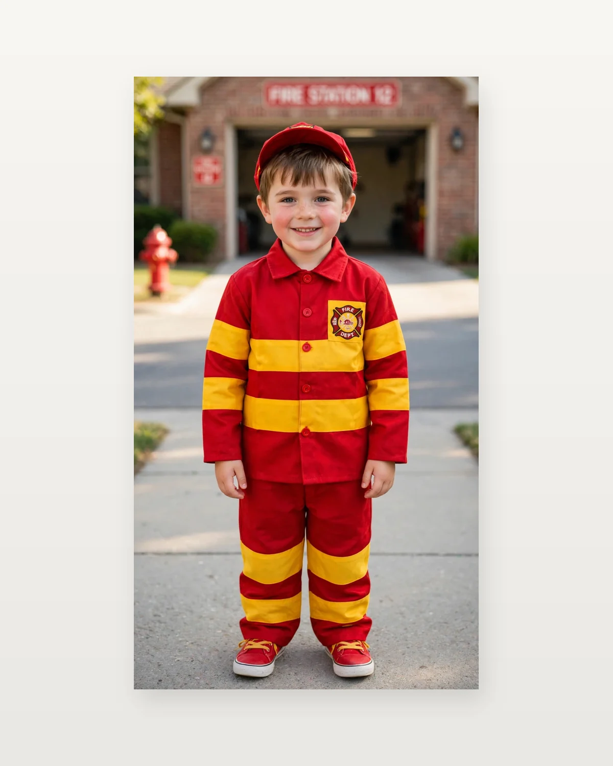 Fireman Costume for kids — Studio front view — Red/Yellow colour — Polyester fabric — Indian sizes S (24)–L (32) — Professions fancy dress for school annual day & sports day — Kolkata & West Bengal delivery — ZapCostumes