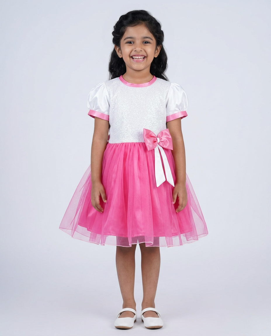 Pink Sequin & Tulle Party Dress for kids — Pink/Silver colour — Sequin Fabric & Tulle with Cotton Lining fabric — Indian sizes 20–30 — Dance Dress fancy dress for school annual day & sports day — Kolkata & West Bengal delivery — ZapCostumes