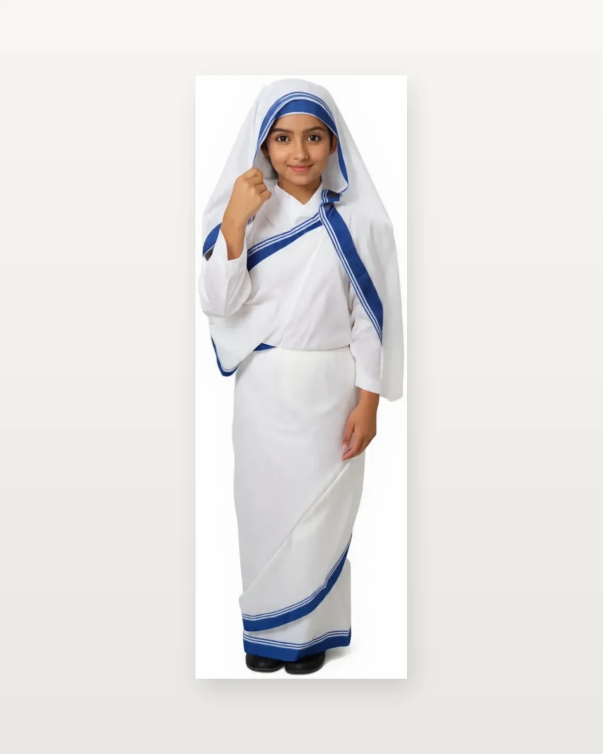 Mother Teresa Costume for kids — Studio front view — White/Blue colour — Polyester fabric — Indian sizes S (24)–XL (36) — Freedom Fighters fancy dress for school annual day & sports day — Kolkata & West Bengal delivery — ZapCostumes